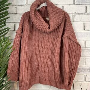 POL Mauve Red Chenille 3/4 Sleeve Open Back Knit Cowl Neck Chunky Sweater Medium